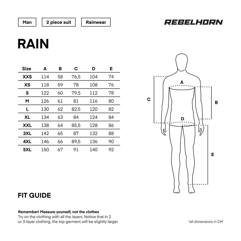 Storlekstabell för Rebelhorn Regnställ 2-delat Rain Svart/Flu med mått i centimeter för att säkerställa korrekt passform.