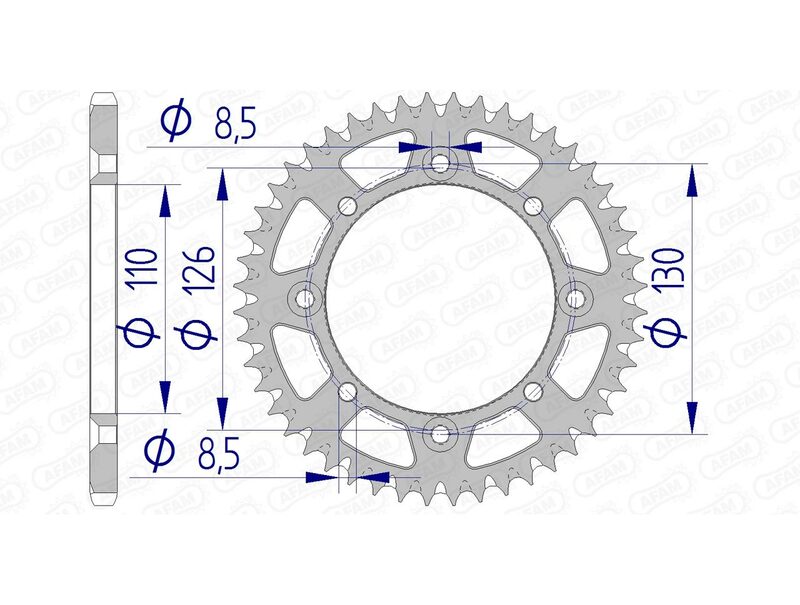 AFAM Aluminium Ultra-Light Self-Cleaning bakdrev 17107420 med precisionsmått för Kawasaki KX 65 och Suzuki RM 65. Lättviktsdesign för optimal prestanda.