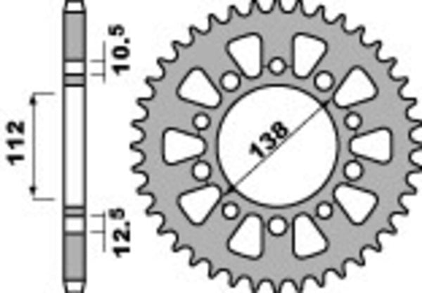 PBR Standard C45 Steel Rear Sprocket 4384 - 520 4384 43 C45 med 43 tänder, innerdiameter 138 mm och sidovy med mått 112 mm. Reservdel för fordon.