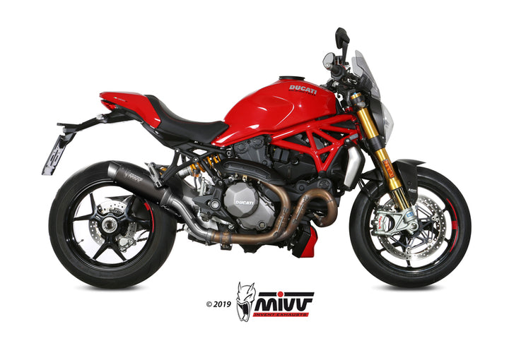 MIVV GP Pro ljuddämpare monterad på en röd Ducati Monster 821, visar sportig design och exakt passform för modell 00.73.D.041.LXBP.