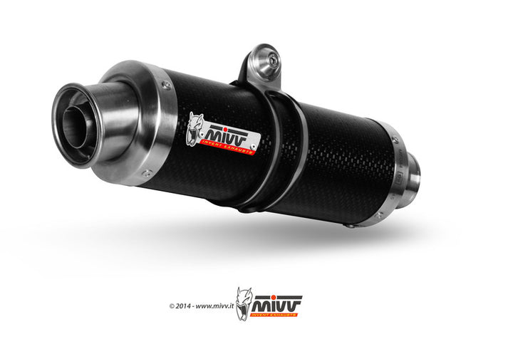 Närbild av MIVV GP Carbon Slip-On Yamaha R1 Y.012.L2S avgassystem i kolfiber, idealisk för fordonstillbehör och sportmotorcyklar.