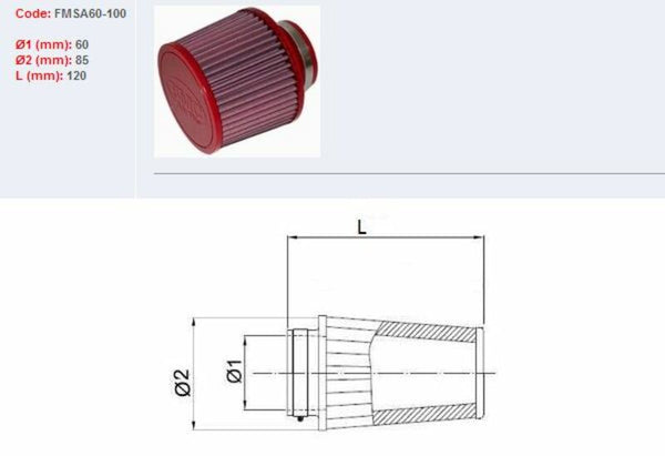 BMC Air Filtr zužoval Ø60mm-FMSA60-100 FMSA60-100