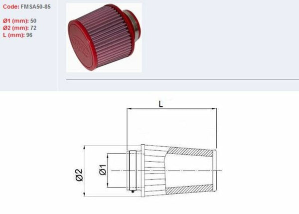 BMC Air Filtr zužoval Ø50mm-FMSA50-85 FMSA50-85