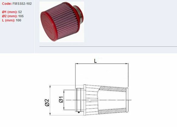 BMC vzduchový filtr zúžil Ø52mm-SS52-102 FMS52-102