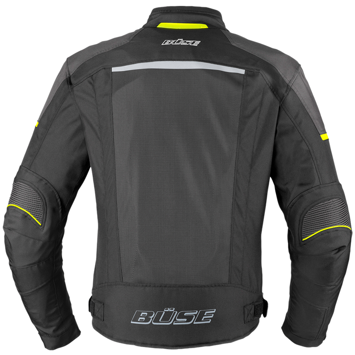 Buse Textil Mc-Jacka Santerno Svart med ventilerande paneler och reflekterande detaljer, bakifrån. Designad för säkerhet och komfort.