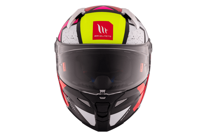 Frontal vy av MT Helmets Revenge 2 Light C0 hjälm med aerodynamisk form, klar visir och neonfärgade detaljer. Perfekt för motorcykelentusiaster.