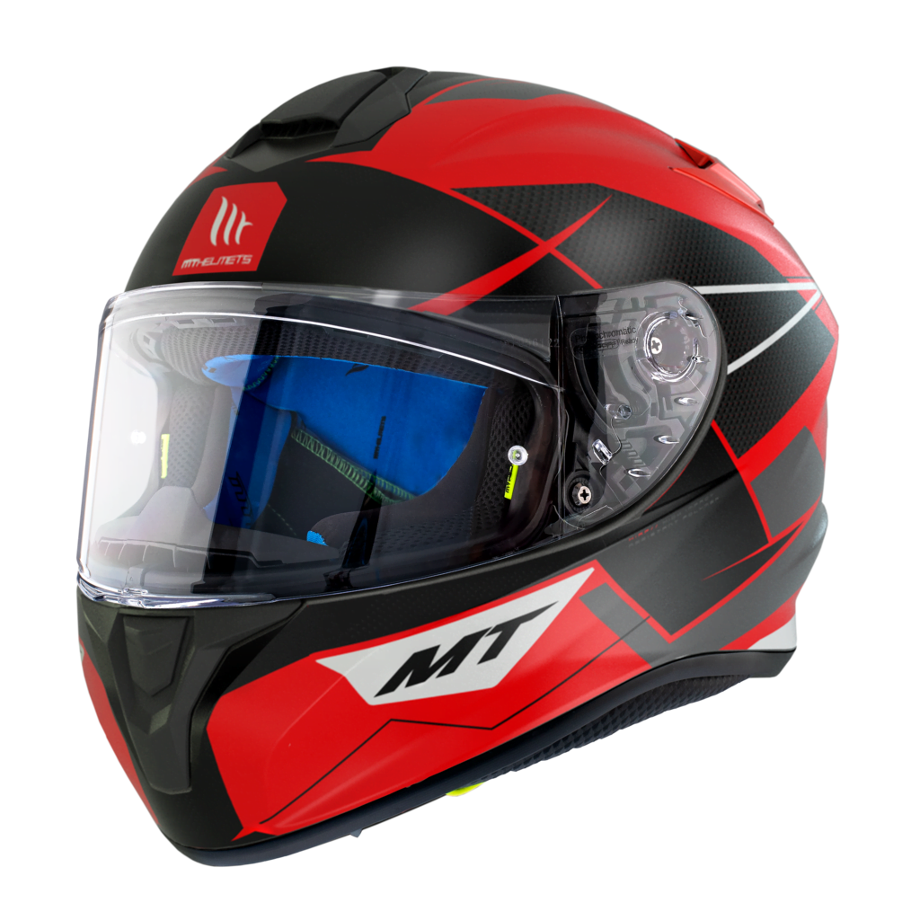 MT Helmets Integral Mc-Hjälm Targo Podium Rojo med röd och svart design, visir och aerodynamisk form för motorcykelsäkerhet.