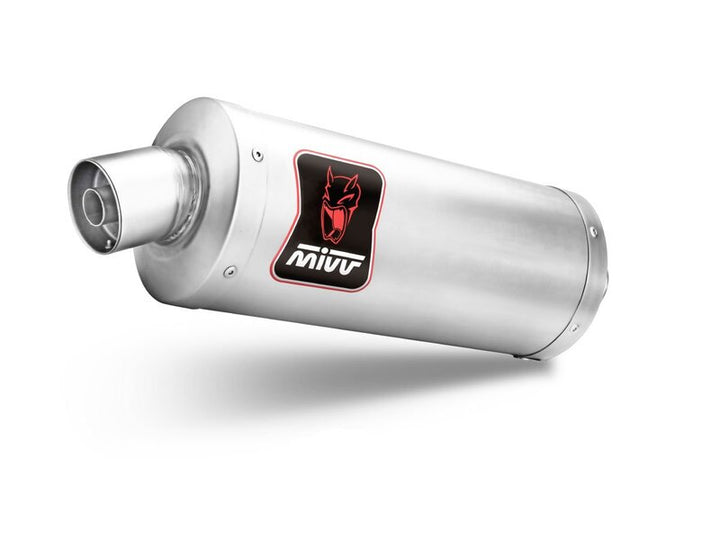 Närbild på MIVV Dakar Slip-On Muffler HU.002.LEKX i rostfritt stål, högkvalitativt avgassystem för motorcyklar inom ACC. EXHAUST och reservdelar.