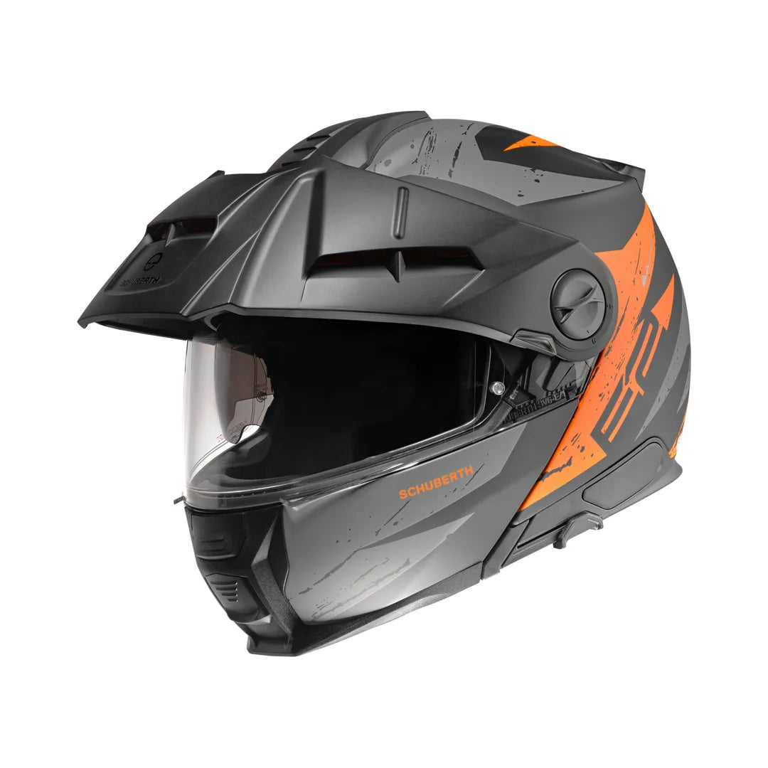 Schuberth öppningsbar mc-hjälm E2 Explorer Orange med modern design och orangea detaljer, visir och ventilationssystem.