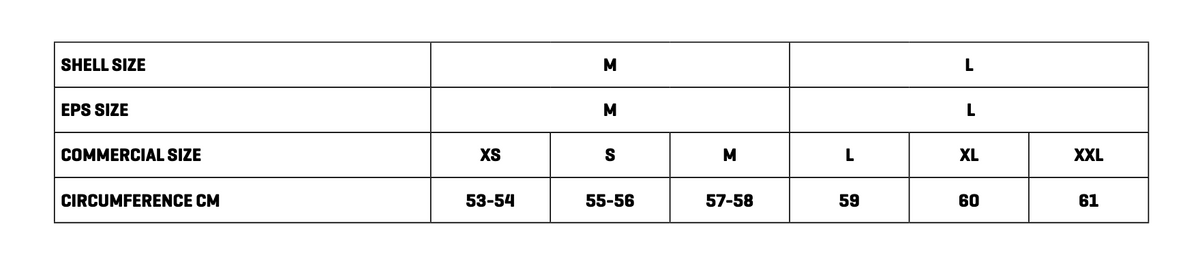 Storlekstabell för KYT integral mc-hjälm TT-Revo, med skalstorlekar, EPS-storlekar och huvudomkrets i cm för XS till XXL.