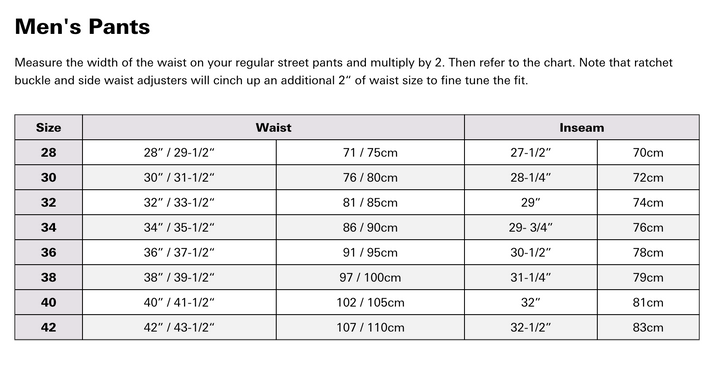 Storlekstabell för Answer Crossbyxor A22 Elite Redzone Grå med midje- och benmått i centimeter och tum för att hjälpa till med storleksval.