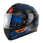 MT Helmets Integral Mc-Hjälm Targo Podium Azul med blå och orange grafik, visir och aerodynamisk design för motorcykelsäkerhet.