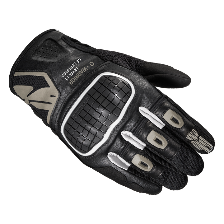 Spidi Mc-Handskar G-Warrior Svart/Sand med CE-certifiering, robust knogskydd och ventilerande material för optimal säkerhet och komfort.