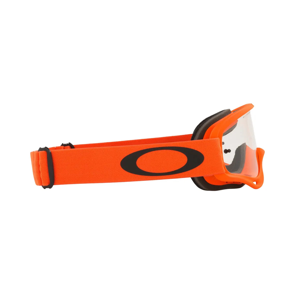 Oakley O Frame MX Moto Orange med klar lins, sidovy som visar det elastiska bandet med svart logotyp.