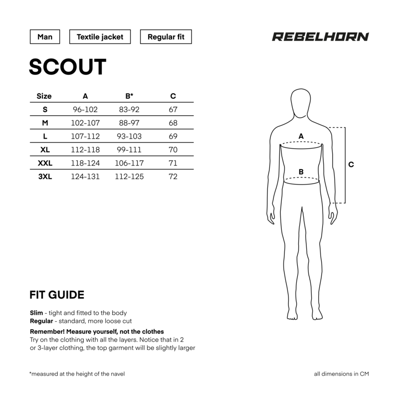 Storleksguide för Rebelhorn Textil Mc-Jacka Scout Grå med mått för S till XXL och passformstips för motorcykeljackan.