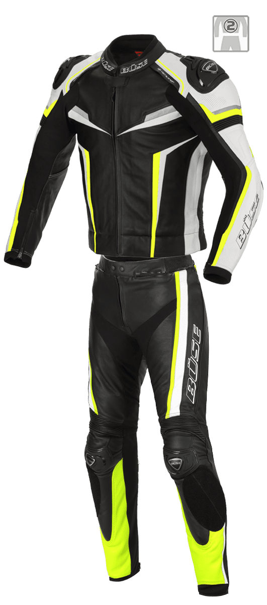 Buse skinnställ Mille 2-delat i svart och fluorgul design. Perfekt för sportiga motorcyklister, tillgänglig i flera storlekar.