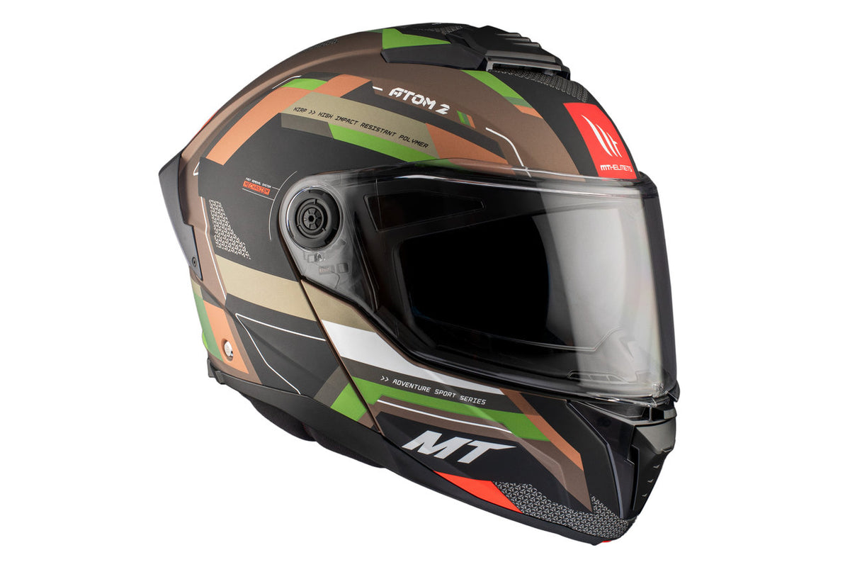 MT Helmets öppningsbar mc-hjälm Atom 2 SV Blast A6 med sidovy som visar visir och detaljerad grafik i flera färger.