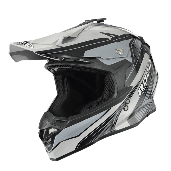 Rocc Cross MC-hjälm 713 i svart och grått med justerbar skärm och actionkamera-fäste. Perfekt för säker motorcykelkörning.