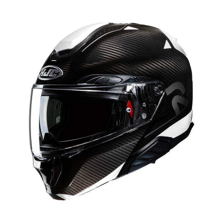 HJC öppningsbar mc-hjälm RPHA 91 Carbon Noela i svart och vit design med kolfiberstruktur, lämplig för stadskörning och touring.