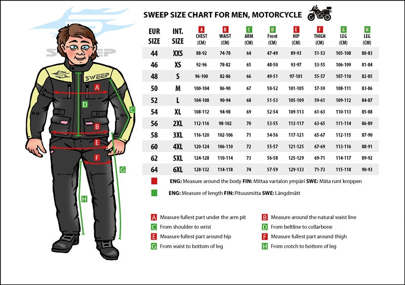 Storlekstabell för Sweep Textil Mc-Jacka Outback WP Svart/Flu, med mått för bröst, midja och höft i storlekar S-6XL.