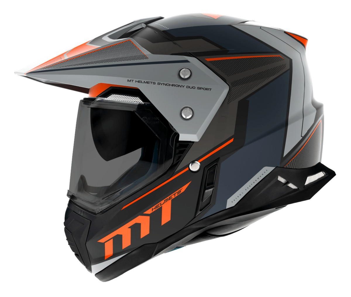 Sidovy av MT Helmets Enduro Mc-Hjälm Synchrony Patrol Matt Orange med robust konstruktion, visir och sportig design i grått och orange.