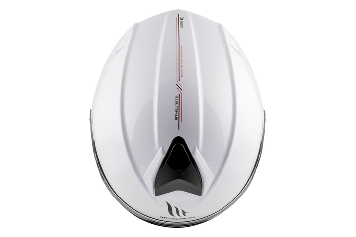 MT Helmets öppningsbar mc-hjälm Genesis SV vit, toppvy med aerodynamiska linjer och detaljer. Designad för optimal prestanda och stil.
