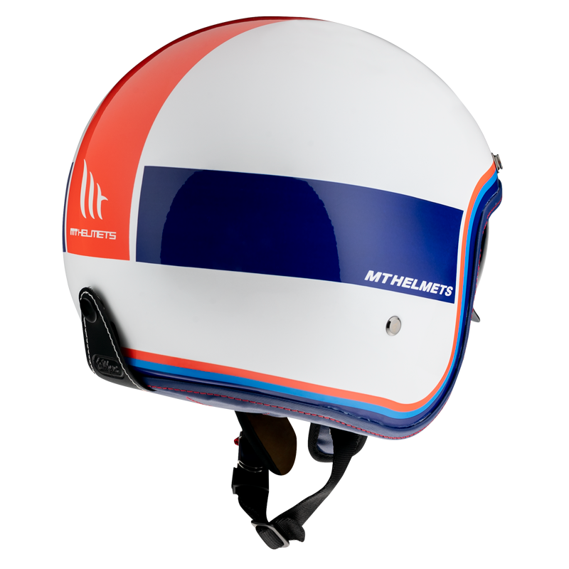 MT Helmets öppen mc-hjälm Le Mans Tant D15 med elegant vit yta, blå och orange accenter samt justerbart hakband.