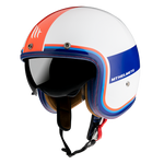 MT Helmets öppen mc-hjälm Le Mans Tant D15 i vit design med blå och orange detaljer, utrustad med visir och bekväm innerfoder.