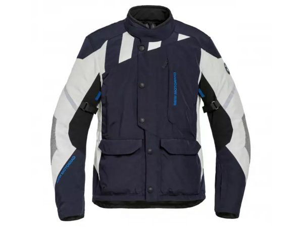 BMW Textil Mc-Jacka Pacedry Adventure Blå med vit och svart design, framifrån med fickor och justerbara remmar.