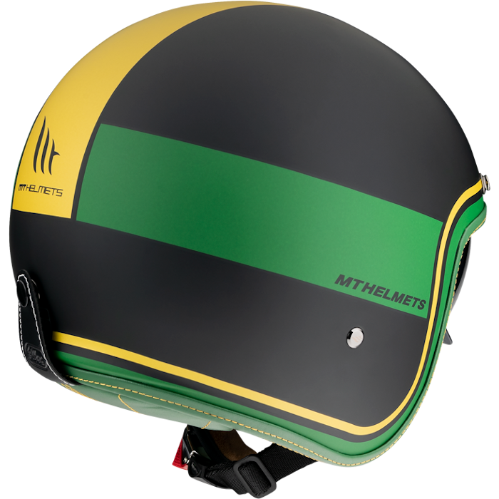 Baksida av MT Helmets öppen mc-hjälm Le Mans Tant C9 med gröna och gula racingränder och klassisk design för motorcyklister.