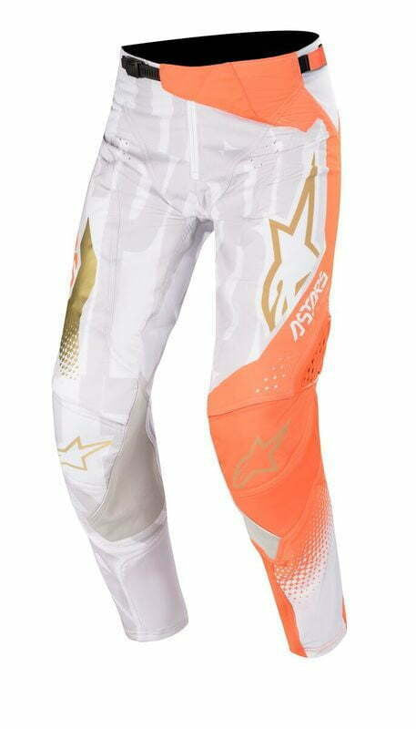 Alpinestars Techstar tovární kovové kalhoty bílé/ oranžové fluo/ zlaté