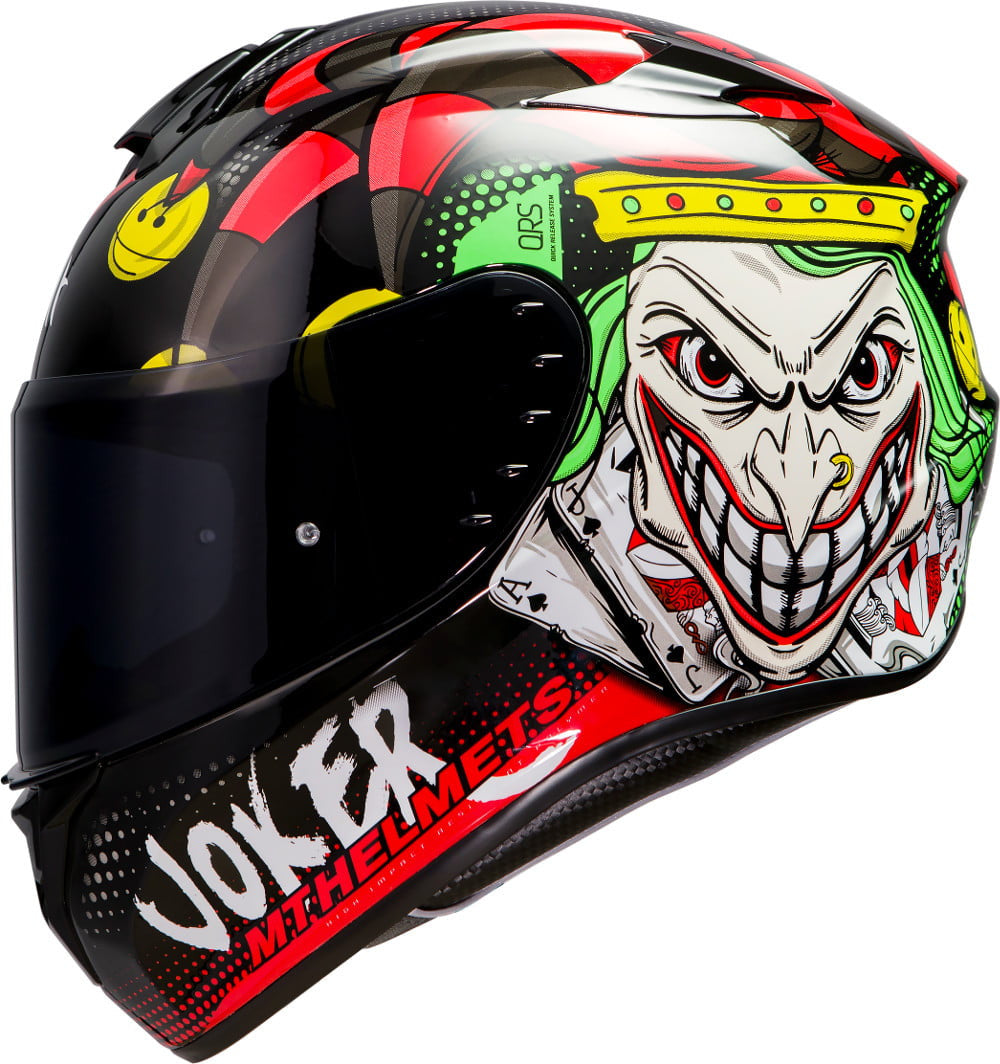 Motorcykelhjälm MT Helmets Targo Joker Svart med Joker-motiv, aerodynamisk design och robust skydd. Passar både dam och herr.