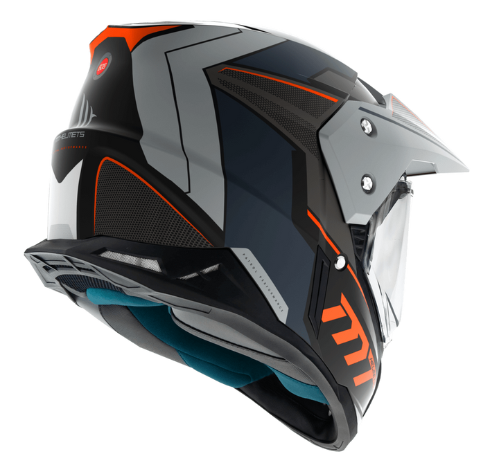Baksidan av MT Helmets Enduro Mc-Hjälm Synchrony Patrol Matt Orange med ventilationssystem och modern grafik i grått och orange.