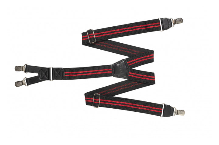 Hendrik Mc-Hängslen i svart och röd färg med randigt mönster. Justerbara remmar och metallklämmor för en säker och stilfull passform.