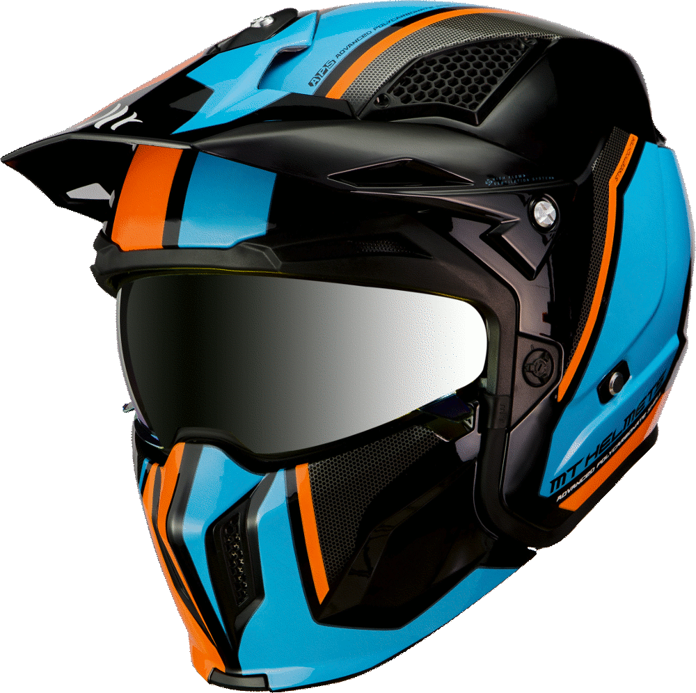 MT Helmets Streetfighter SV Twin i blått och orange med avtagbart hakskydd och integrerad solvisir. Perfekt för stadskörning.