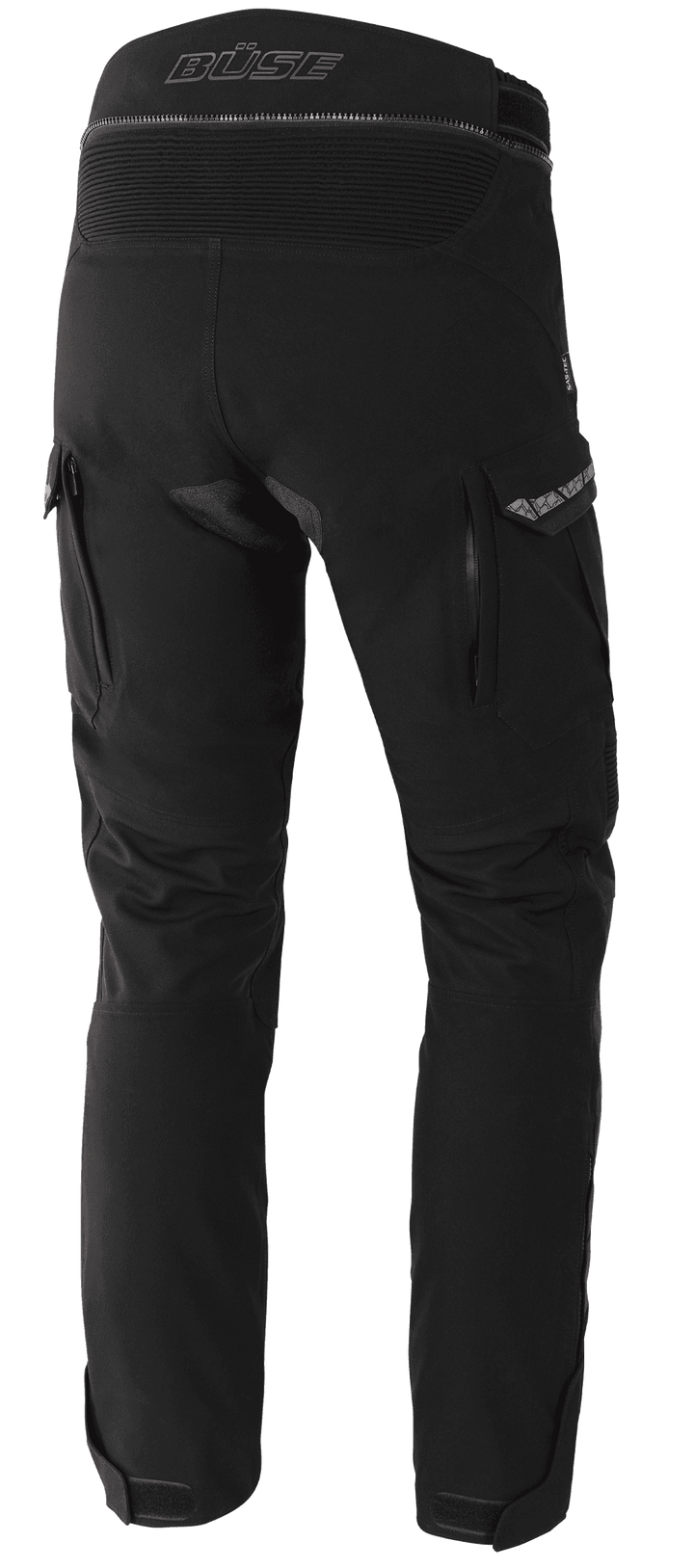 Baksidan av Buse MC-byxor Storm i svart, med elastiska paneler och praktiska fickor. Designade för hållbarhet och rörelsefrihet.