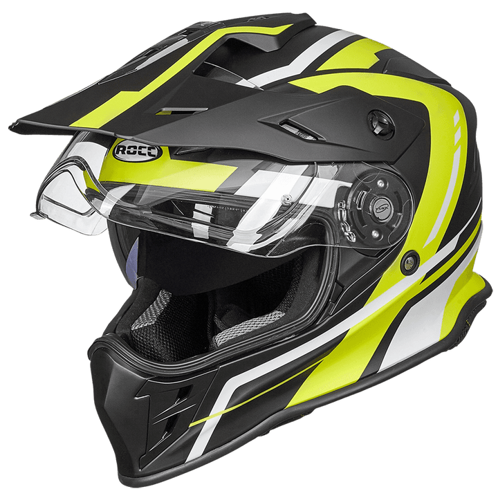 Rocc Adventure MC-hjälm 782 i svart och fluorgul design med solvisir och UV-skydd. Perfekt för säker motorcykelkörning.