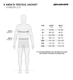 Storleksguide för Shima Textil Mc-Jacka X-Mesh 2.0 Svart/Röd med mått för bröst, midja och höfter. Tillgänglig i storlekar S-4XL.