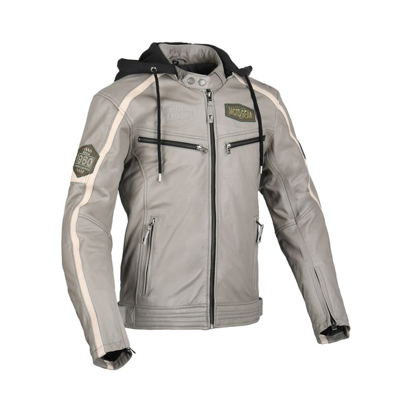 Difi Mc-Skinnjacka Detroit 2 Grå med dragkedjor framtill, huva och dekorativa detaljer. Perfekt för motorcykelåkning och stil.