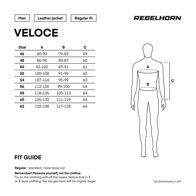 Storleksguide för Rebelhorn Mc-Skinnjacka Veloce Svart med mått i centimeter och passformstips för olika storlekar.