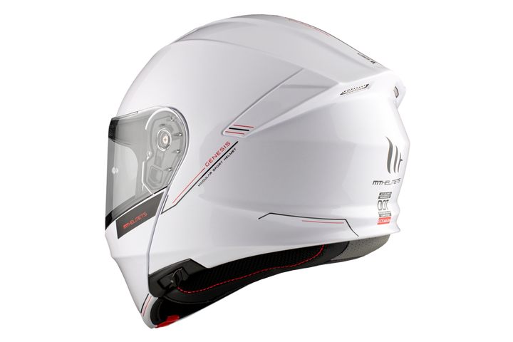 MT Helmets öppningsbar mc-hjälm Genesis SV vit, bakifrån med elegant grafik och säkerhetscertifiering. Perfekt för både dam och herr.