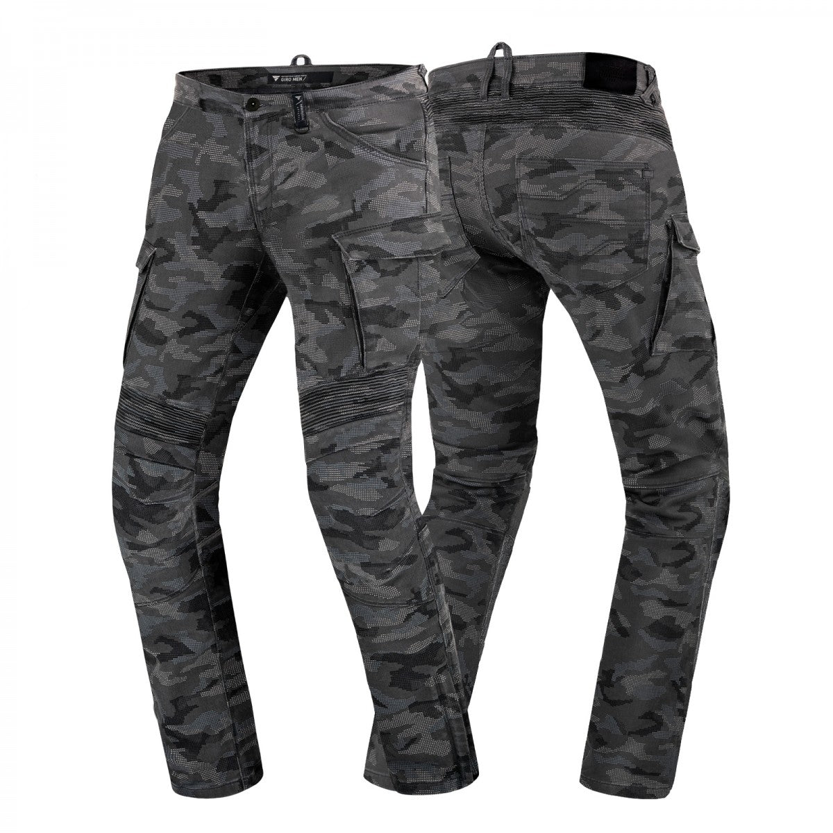 Shima Kevlar Mc-Byxor Giro 2.0 Camo i grå kamouflagemönster, designade med förstärkta knän och praktiska fickor för motorcykelåkning.