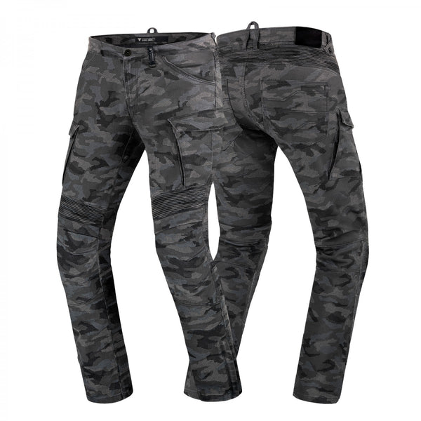 Shima Kevlar Mc-Byxor Giro 2.0 Camo i grå kamouflagemönster, designade med förstärkta knän och praktiska fickor för motorcykelåkning.