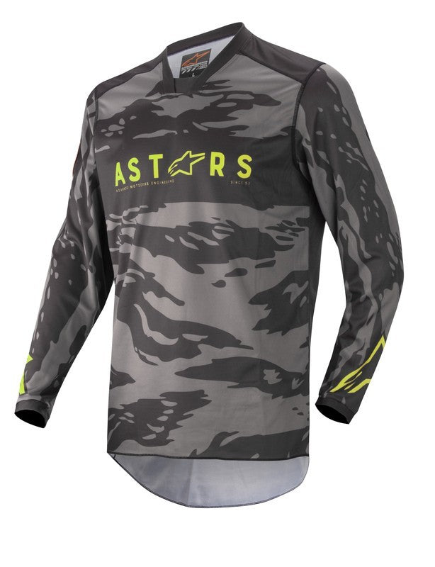 Alpinestars Barn Crosströja Racer Tactical Camo med grått kamouflagemönster och gula detaljer, designad för motocross och offroad.