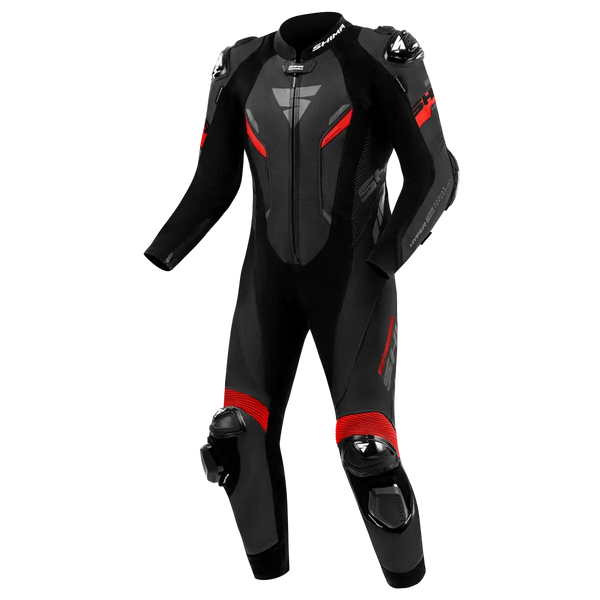 Shima Hyper-RS 1-delat mc-skinnställ i svart och rött med sportig design och AAA-säkerhetsklassning för motorcyklister.