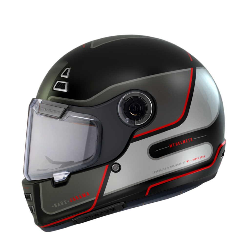 MT Helmets Integral Mc-Hjälm Jarama BAUX E15 Röd Matt med aerodynamisk form, tydlig visir och röd-svart färgkombination. Perfekt för säker motorcykelkörning.