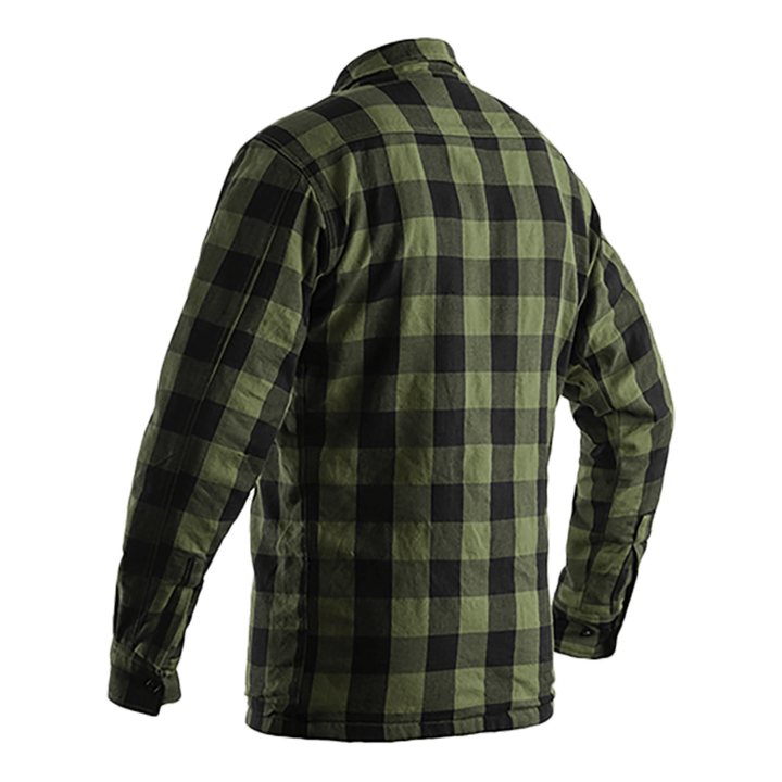 Baksidan av RST Kevlar Mc-Skjorta Lumberjack Grön med robust konstruktion och förstärkt skydd. En stilren och säker skjorta för motorcykelåkare.