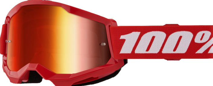 100% Goggles Strata 2 Red - Spegel med röd ram och spegelglas, idealiska för motocross och offroadkörning. Skyddsglasögon med justerbart band och hög komfort.