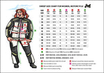 Storleksguide för Sweep Dam Softshell Mc-Byxor College Svart med detaljerade mått för kvinnor. Hjälper till att välja rätt storlek för motorcykelkläder.