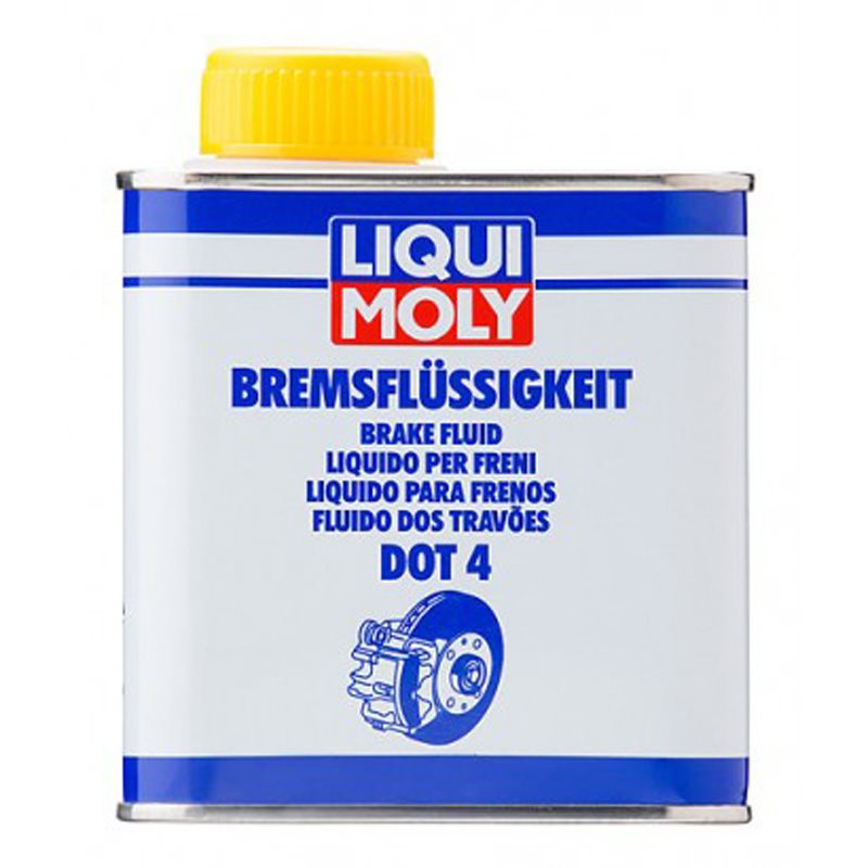 Liqui Moly Bromsvätska DOT 4 500ML med gul skruvkork och etikett på flera språk, idealisk för fordon underhåll och bromssystem.